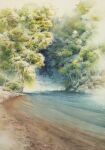  bush dappled_sunlight day forest nature no_humans original painting_(medium) plant river riverbank scenery shadow shimizu_megumi_(m_acquerello) sunlight traditional_media tree watercolor_(medium) 