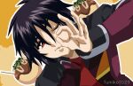  1boy artist_name black_hair food fumiko_(mesushi) gundam gundam_seed gundam_seed_freedom looking_at_viewer military_uniform ok_sign one_eye_closed red_eyes shinn_asuka solo takoyaki uniform yellow_background 