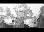  armor blue_eyes closed_mouth cloud_strife earrings final_fantasy final_fantasy_vii final_fantasy_vii_rebirth final_fantasy_vii_remake helmet jewelry ko102k1 monochrome multiple_boys parted_bangs scarf shinra_infantry_uniform short_hair shoulder_armor single_earring solo_focus spiked_hair spot_color standing_at_attention suspenders upper_body white_background 