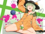  1girl ;o arm_behind_back arm_support baketsuya bikini blouse blush breasts buttons cameltoe commentary_request diamond_button frilled_sleeves frills from_below full_body green_bikini green_eyes green_nails grey_hair hair_between_eyes half-closed_eye hand_on_headwear hand_up hat hat_ribbon heart heart_of_string highres komeiji_koishi long_sleeves looking_at_viewer looking_down medium_hair nail_polish no_pants one_eye_closed partially_unbuttoned ribbon shirt side-tie_bikini_bottom sitting small_breasts solo swimsuit teeth thighs third_eye touhou upper_teeth_only wide_sleeves yellow_ribbon yellow_shirt 