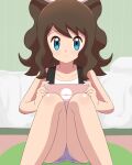  1girl aqua_eyes bare_legs black_vest brown_hair closed_mouth collarbone commentary_request eyelashes handheld_game_console highres hilda_(pokemon) holding holding_handheld_game_console indoors long_hair open_clothes open_vest panties pantyshot poke_ball_print pokemon pokemon_bw purple_panties shirt shoes sidelocks sitting sleeveless sleeveless_shirt solo split_mouth tan-san_mizu underwear vest white_shirt 