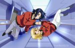  1boy 1girl artist_name athrun_zala blonde_hair blue_hair cagalli_yula_athha couple floating fumiko_(mesushi) green_eyes gundam gundam_seed hallway holding_hands jacket looking_at_another matching_outfits pants red_jacket short_hair white_pants yellow_eyes 