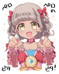  1girl :d bad_id bad_twitter_id braided_hair_rings brown_eyes brown_hair catchphrase choker commentary_request cropped_torso dark-skinned_female dark_skin hair_ribbon hands_up heart heart_choker heath_(artist) highres image_sample long_sleeves looking_at_viewer open_mouth pointing pointing_at_viewer pretty_series pripara red_choker red_ribbon ribbon saliva short_hair smile solo taiyo_pepper translation_request twitter_sample upper_body white_background 
