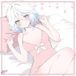  1girl bed blue_hair bow bowtie dodosako drop-shaped_pupils frame furina_(genshin_impact) genshin_impact heart highres light_blue_hair lying mismatched_pupils on_back on_bed pillow short_hair simple_background sleepwear solo symbol-shaped_pupils white_bow white_bowtie 