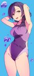  1girl armpits arms_behind_head blue_background breasts duke_(inu_daimyou) green_eyes long_hair looking_at_viewer love_live! love_live!_school_idol_project medium_breasts one-piece_swimsuit open_mouth purple_hair purple_one-piece_swimsuit simple_background solo standing swimsuit teeth thighs tojo_nozomi upper_teeth_only 