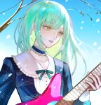  1girl absurdres bang_dream! bang_dream!_it&#039;s_mygo!!!!! blue_choker blue_dress blue_sky branch chinese_commentary choker commentary_request dress electric_guitar frilled_choker frills green_hair green_ribbon guitar highres holding holding_guitar holding_instrument instrument long_hair neck_ribbon outdoors parted_lips playing_guitar ribbon sky snowing solo tianzhongdouyi1 upper_body wakaba_mutsumi yellow_eyes 