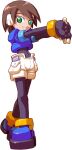  absurdres aile_(mega_man_zx) black_bodysuit blue_footwear blue_jacket bodysuit bodysuit_under_clothes brown_hair cropped_jacket green_eyes highres jacket looking_at_viewer makoto_yabe mega_man_(series) mega_man_zx official_art outstretched_arms robot_ears shoes short_hair shorts simple_background smile solo white_background white_shorts 