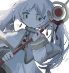  1girl alt_text capelet closed_mouth commentary_request earrings frieren holding holding_staff jewelry long_hair long_sleeves looking_at_viewer parted_bangs pointy_ears reaf_(reafchin_808) solo sousou_no_frieren staff twintails upper_body white_background white_capelet white_hair 