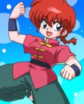  1girl blue_background blue_eyes braid braided_ponytail breasts chinese_clothes circle hair_between_eyes lowres open_mouth ranma-chan ranma_1/2 red_hair solo tangzhuang wanta_(futoshi) 