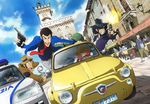  3boys absurdres arsene_lupin_iii blue_jacket business_suit car cigarette detective drifting fiat_500 fiat_500_abarth formal glasses ground_vehicle gun handgun hat highres italy jacket jigen_daisuke lupin_iii mine_fujiko motor_vehicle multiple_boys necktie police police_car police_uniform policeman raincoat red_neckwear revolver smoking suit through_window uniform venice walther walther_p38 weapon zenigata_kouichi 