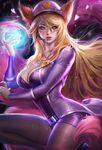 ahri cleavage kitsune league_of_legends open_shirt pantyhose sakimichan signed tail 