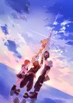  1girl 2boys arm_at_side arm_up back blue_sky boots cloud fingerless_gloves from_behind gloves holding holding_weapon hood hood_down hoodie jacket kairi_(kingdom_hearts) keyblade kingdom_hearts kingdom_hearts_iii lens_flare multiple_boys ramochi_(auti) red_hair reflection riku ripples shoes short_hair silver_hair sky sneakers sora_(kingdom_hearts) spiked_hair standing standing_on_liquid sunrise water weapon 