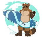  2019 anthro belly brown_fur canid canine clothing fur humanoid_hands male mammal moobs nipples overweight overweight_male pache_riggs raccoon_dog riggsfur simple_background solo surfboard swimsuit tanuki 