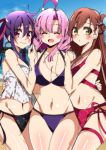  3girls :d ^_^ absurdres ahoge beach blush breasts brown_hair closed_eyes ebisuzawa_kurumi elbow_gloves eyes_closed gakkou_gurashi! girl_sandwich gloves highres large_breasts long_hair looking_at_viewer medium_breasts mole mole_under_eye multiple_girls open_mouth pink_hair purple_eyes purple_hair sakura_megumi sandwiched sinakyo smile swimsuit twintails wakasa_yuuri water yellow_eyes 