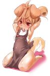  2013 anthro apron blush brown_fur brown_hair canid canine canis chest_tuft clothed clothing cub dagasi dog female full-length_portrait fur hair kneeling mammal mouth_hold naked_apron pawpads portrait red_eyes simple_background solo tuft white_background young 