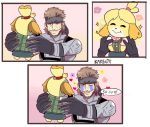  1girl animal_ears bandanna beard bell blonde_hair blush blush_stickers bodysuit comic dog_ears dog_girl doubutsu_no_mori english_text facial_hair furry hair_ornament holding karbuitt metal_gear_(series) metal_gear_solid metal_gear_solid_2 nintendo shizue_(doubutsu_no_mori) short_hair skirt smile sneaking_suit solid_snake super_smash_bros. super_smash_bros._ultimate tail tears topknot 