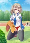  buruma furuhiro girlfriend_(kari) gym_uniform kazemachi_haruka mochizuki_erena open_shirt thighhighs 