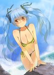  arm_support bikini blue_hair blush breasts camouflage camouflage_bikini cleavage cloud cloudy_sky day hair_ribbon highres large_breasts lens_flare long_hair looking_at_viewer navel ocean original oxxo_(dlengur) red_eyes ribbon rock shiny shiny_skin side-tie_bikini sky smile solo swimsuit twintails waves 