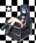  bikini_top black_hair black_rock_shooter black_rock_shooter_(character) blue_eyes checkered checkered_background date_(senpen) lc2 legs long_hair midriff shorts sitting solo star twintails very_long_hair 