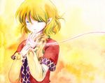  blonde_hair closed_eyes colored_pencil_(medium) mizuhashi_parsee pointy_ears red_string shiroaisa solo string touhou traditional_media watercolor_(medium) 
