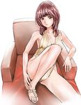  armchair brown_eyes brown_hair casual_one-piece_swimsuit chair easy_chair feet feet_on_chair halterneck hands hands_on_feet leg_up legs maruyama one-piece_swimsuit original sandals sitting solo swimsuit toes 