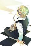 animal blonde_hair blush cat checkered checkered_floor cigarette durarara!! ekoo heiwajima_shizuo male_focus pet solo sunglasses vest 