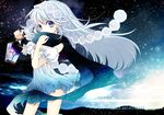  bare_shoulders blue blue_hair bow covering_mouth dress hair_bow hair_ornament holding ishikawa_sae lamp legs long_hair night night_sky original petals scarf see-through short_dress sky solo wallpaper wind 