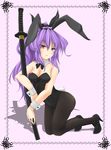  animal_ears breasts bunny_ears bunnysuit cleavage kamo_(yokaze) katana leotard medium_breasts pantyhose purple_eyes purple_hair solo sword touhou watatsuki_no_yorihime weapon 