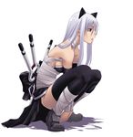  animal_ears arm_wrap assassin_(ragnarok_online) bandaged_neck bangs bare_shoulders between_legs black_legwear breasts cat_ears detached_sleeves from_side full_body grey_footwear hand_between_legs kataasa-ko leg_wrap long_hair md5_mismatch mr.romance parted_lips profile ragnarok_online sash sideboob simple_background solo squatting strapless thighhighs weapon weapon_on_back white_background 