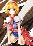  alice_margatroid all_fours bad_id bad_pixiv_id blonde_hair blue_eyes capelet frills hairband miniskirt nikoo short_hair skirt smile solo touhou white_capelet 