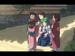  4girls anime_coloring cat's_cradle child concentrating detached_sleeves frog green_eyes green_hair hair_ornament japanese_clothes kneeling kochiya_sanae letterboxed multiple_girls road sandals shade snake sweat takuzui touhou wall 