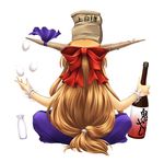  alcohol bag bottle bow egg from_behind hair_bow horns ibuki_suika juggling long_hair murasaki_kajima object_on_head orange_hair paper_bag ribbon sake simple_background sitting solo touhou wrist_cuffs 