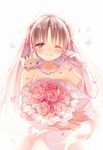  :&lt; bad_id bad_pixiv_id bare_shoulders blush bouquet bridal_veil bride brown_hair cat dress elbow_gloves flower gloves happy_tears jewelry looking_at_viewer necklace one_eye_closed original petals rie_(reverie) rose smile solo tears valentine veil wedding_dress 