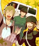  3boys bad_id bad_pixiv_id bag blonde_hair breasts brown_eyes brown_hair closed_eyes durarara!! ground_vehicle hat jacket kadota_kyouhei karisawa_erika large_breasts motor_vehicle multiple_boys one_eye_closed star sudachips togusa_saburou van yumasaki_walker 