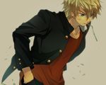  blonde_hair drinking_straw durarara!! ekoo heiwajima_shizuo jacket lowres male_focus school_uniform solo veins 