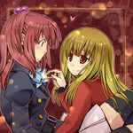  black_legwear blue_eyes brown_hair chocolate hair_bobbles hair_ornament mammon multiple_girls pleated_skirt purana red_eyes red_hair skirt stakes_of_purgatory thighhighs umineko_no_naku_koro_ni ushiromiya_ange yuri zettai_ryouiki 