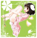  animal_ears barefoot black_hair blush bunny_ears bunny_tail carrot chata inaba_tewi jewelry leg_hug no_panties open_mouth pendant red_eyes short_hair solo tail touhou 