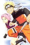  1girl :d bare_shoulders green_eyes grin haruno_sakura highres holding holding_weapon kishimoto_masashi kunai naruto_(series) naruto_shippuuden official_art open_mouth pants pink_hair scan short_hair smile spiked_hair teeth thigh_strap uzumaki_naruto weapon 