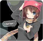  ;) animal_hat artist_name blue_eyes blush brown_hair casual cat_hat character_name hair_ornament hairclip hand_on_headwear hat jewelry kantoku looking_at_viewer lyrical_nanoha mahou_shoujo_lyrical_nanoha one_eye_closed paw_print pendant plaid plaid_scarf rounded_corners scarf smile solo upper_body x_hair_ornament yagami_hayate 