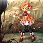  arakune artist_request bare_shoulders black_legwear blazblue blonde_hair blush cardcaptor_sakura green_eyes hat hoshi_no_tsue legs magical_girl noel_vermillion orange_hat orange_skirt parody skirt slime thighhighs wand 