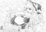  broom broom_riding danmaku greyscale hat kirisame_marisa long_hair mini-hakkero monochrome sketch solo star touhou vent_arbre witch_hat 