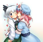  blue_eyes cheek-to-cheek hairband hat hug konpaku_youmu multiple_girls murasaki_kajima one_eye_closed pink_hair red_eyes saigyouji_yuyuko short_hair silver_hair touhou wince 