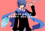  2010 blue_eyes blue_hair blue_scarf dated food gorogorou happy_birthday ice_cream kaito male_focus one_eye_closed scarf simple_background smile solo spoon vocaloid 