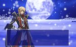  1girl animated animated_gif blazblue blonde_hair crossover dress green_eyes jin_kisaragi jpeg_artifacts melty_blood military military_uniform moon red_eyes ribbon silver_hair snow sword tsukihime uniform weapon white_len 