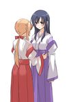  back blue_hair blush couple detached_sleeves hakama himemiya_chikane japanese_clothes kanata_(sentiment) kannazuki_no_miko kurusugawa_himeko long_hair miko multiple_girls ponytail red_hakama ribbon simple_background standing wide_sleeves yuri 