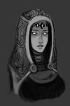  alien artist_request breasts freckles greyscale highres hood large_breasts mass_effect monochrome quarian solo tali'zorah white_eyes 