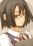  artist_request bob_cut book bow bowtie brown_eyes frown glasses kure-nai looking_back murakami_ginko non-web_source short_hair solo striped 