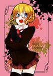  angry areco_kagu beatrice bespectacled blonde_hair blue_eyes blush crossed_arms glasses happy_valentine highres skirt solo thighhighs umineko_no_naku_koro_ni valentine zettai_ryouiki 