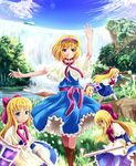  alice_margatroid blonde_hair blue_eyes boots bow dress forest hair_bow hairband highres nature purple_eyes sakura_ani shanghai_doll short_hair solo string sword telescope touhou water waterfall weapon 