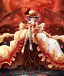  adapted_costume bat_wings bow corset crossed_legs dress hat large_bow leg_ribbon no_shoes purple_hair red_eyes remilia_scarlet ribbon sitting sitting_on_object smile solo thighhighs touhou vetina white_legwear wings wrist_cuffs 